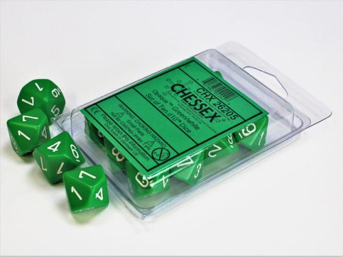 Chessex Opaque Green/white Set of Ten d10s