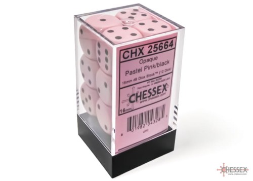 Chessex Opaque Pastel Pink/Black Set of 12 d6 (16mm)