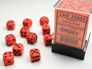 Chessex: - Opaque Orange/Black 12mm d6 dice block (36)