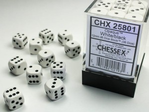 Chessex: - Opaque White/Black 12mm d6 dice block (36) 