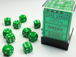 Chessex: - Opaque Green/white 12mm d6 dice block (36)