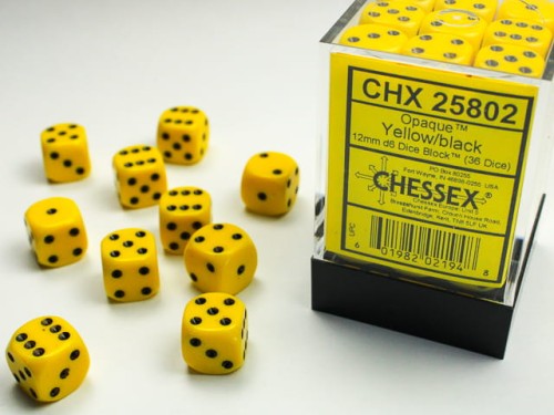 Chessex: - Opaque Yellow/Black 12mm d6 dice block (36)