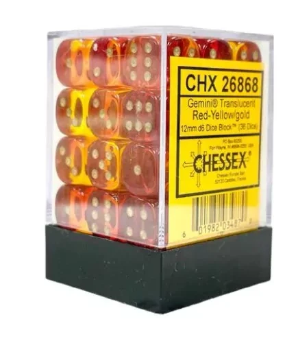 Chessex: kości k6 12mm (36 kości) - Translucent Red-Yellow/gold Dice 