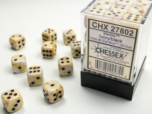 Chessex: Marble Ivory/Blackk Set of 36 d6 (12mm)