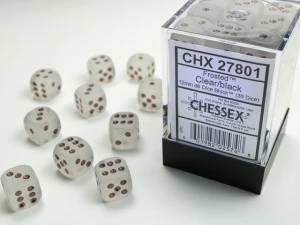 Kości Chessex: 12mm D6 (36) Frosted Clear/Black