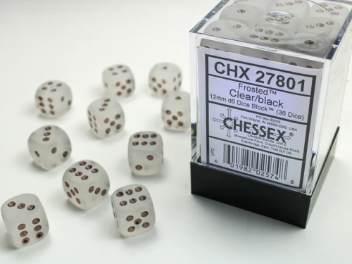 Kości Chessex: 12mm D6 (36) Frosted Clear/Black